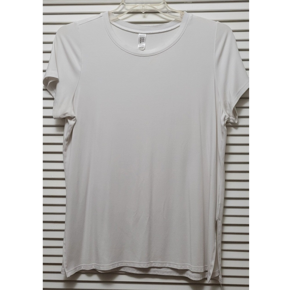 Short Sleeve Crew Neck Tee Shirt Side Slit XL Rayon Blend Spanx Womens White